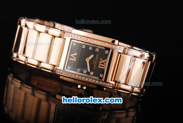 Patek Philippe Quartz Movement Full Diamond Bezel with Black Dial and Full Rose Gold--Lady size - Click Image to Close
